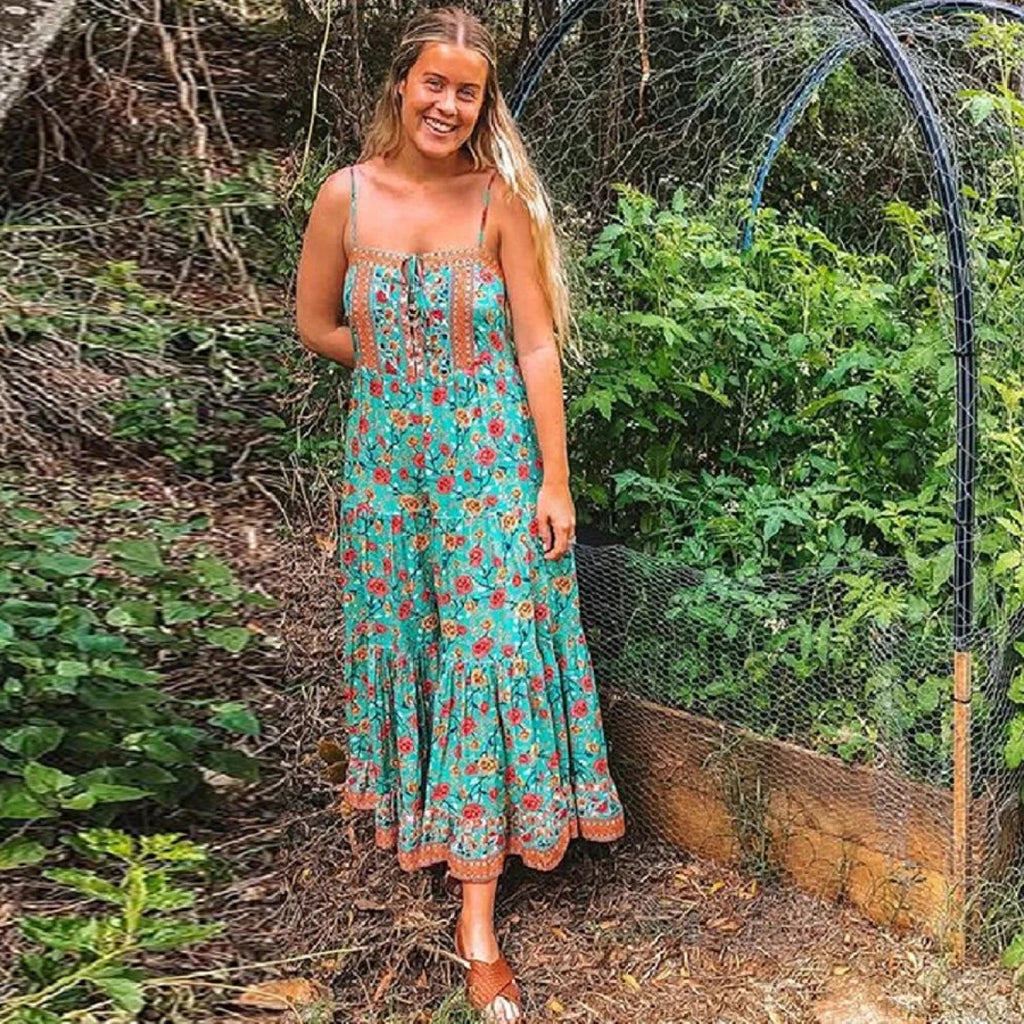 Maxi Strap Dress Green Rayon Floral Print Gypsy Summer Dress image 3