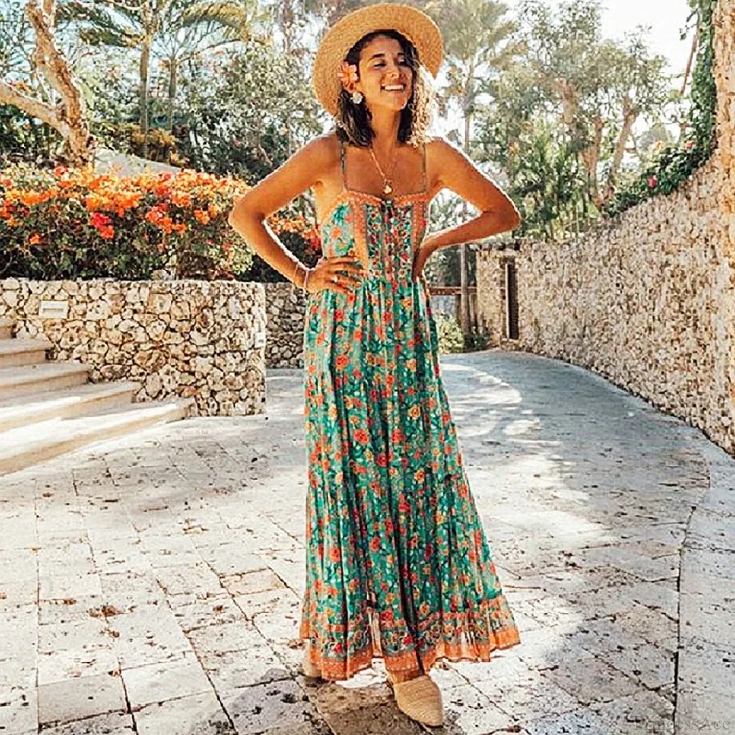 Maxi Strap Dress Green Rayon Floral Print Gypsy Summer Dress image 1
