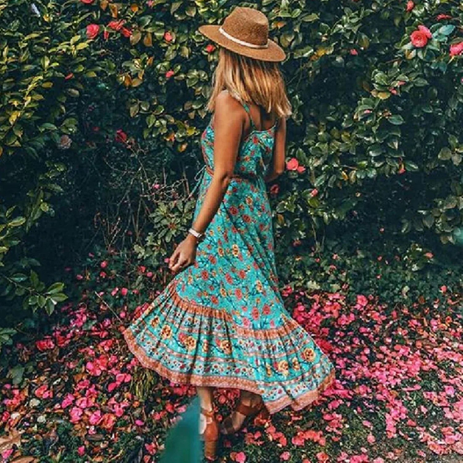 Maxi Strap Dress Green Rayon Floral Print Gypsy Summer Dress image 2
