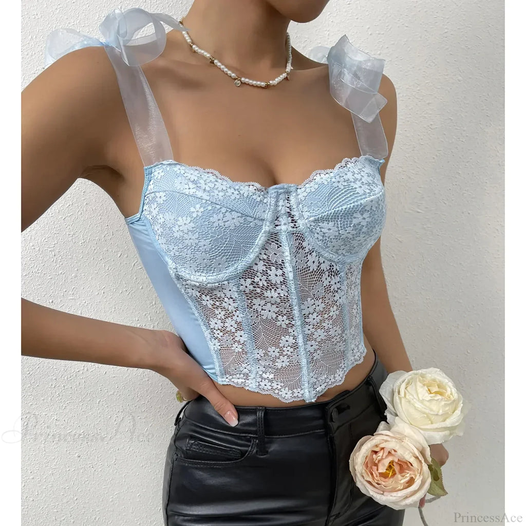 Mesh Bow Floral Corset Fishbone Crop Top image 7
