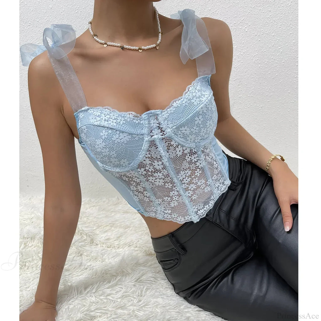 Mesh Bow Floral Corset Fishbone Crop Top image 3