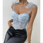 Mesh Bow Floral Corset Fishbone Crop Top image 5