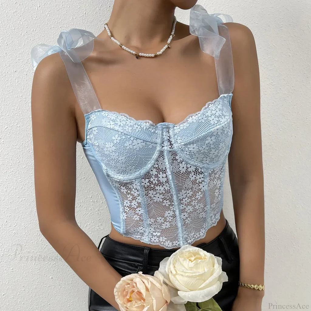 Mesh Bow Floral Corset Fishbone Crop Top image 6