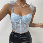 Mesh Bow Floral Corset Fishbone Crop Top image 1