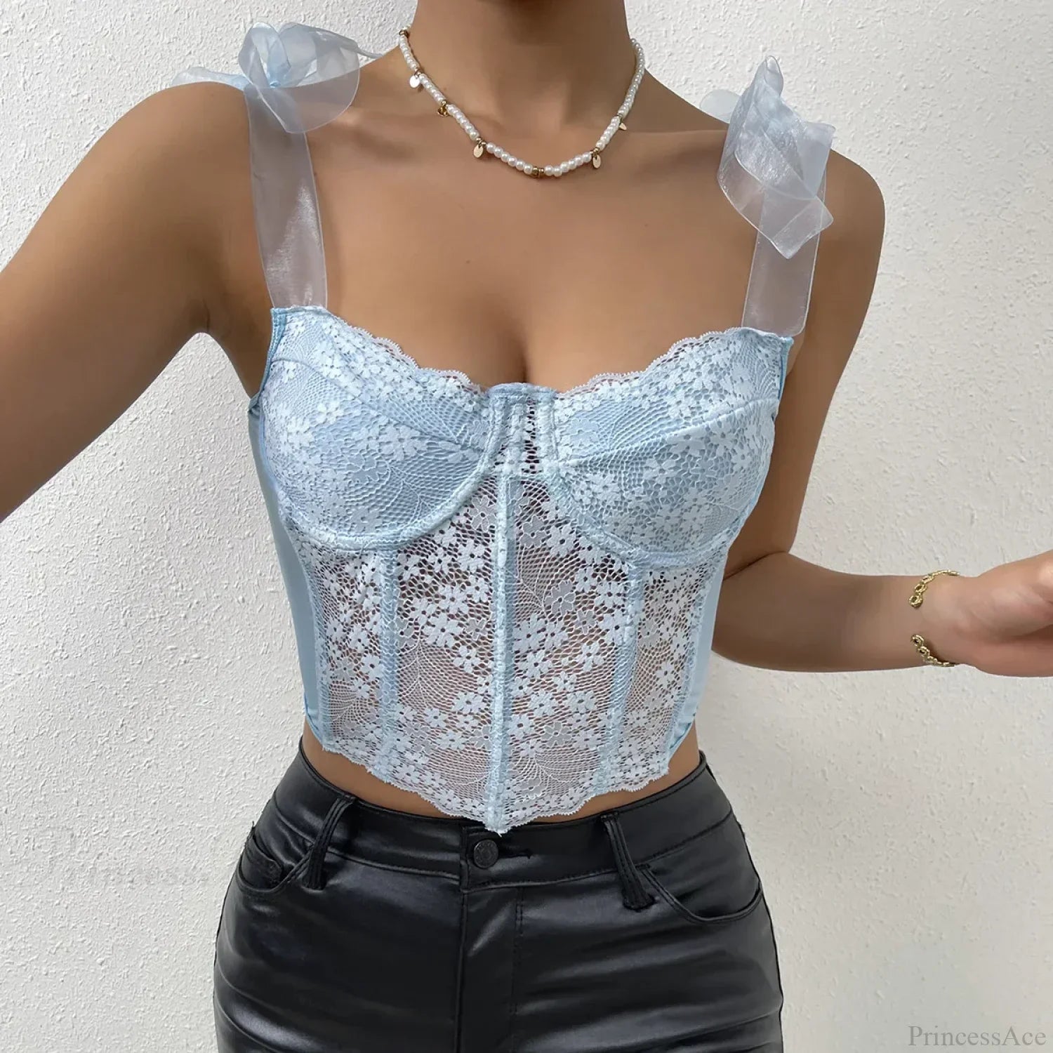 Mesh Bow Floral Corset Fishbone Crop Top image 1