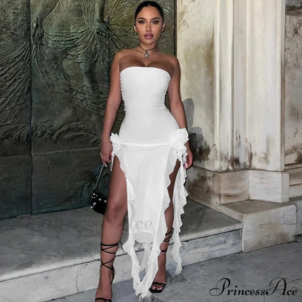 Mesh Fringe Flower Charming Tube Midi Dress image 6