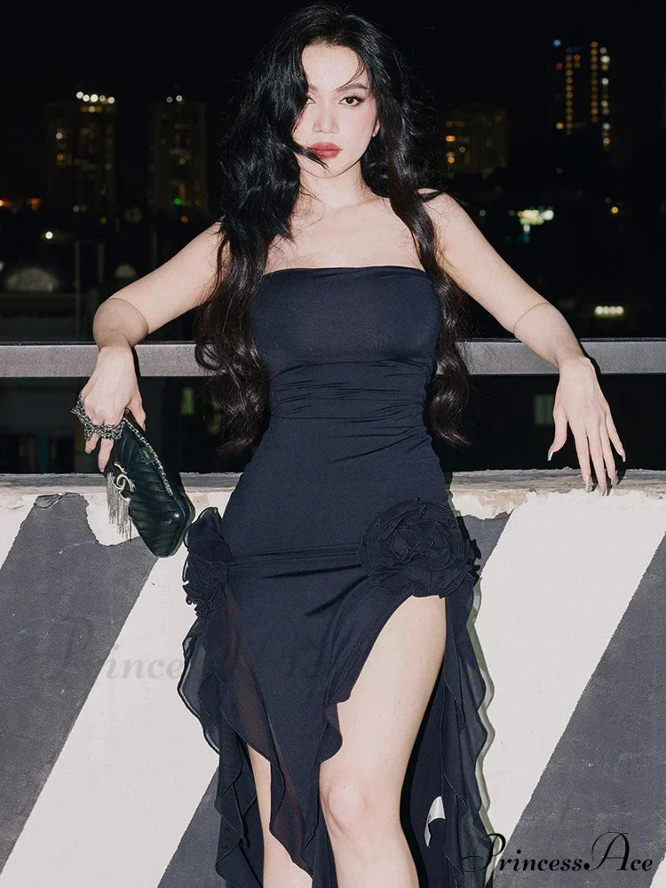 Mesh Fringe Flower Charming Tube Midi Dress image 2