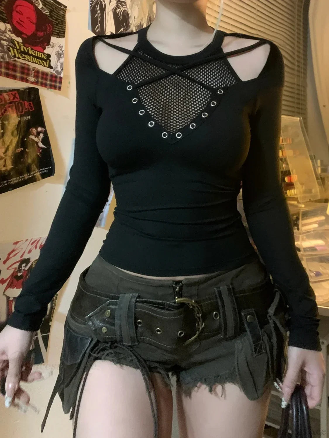 Mesh Hollow Sleeve Knit Top image 1