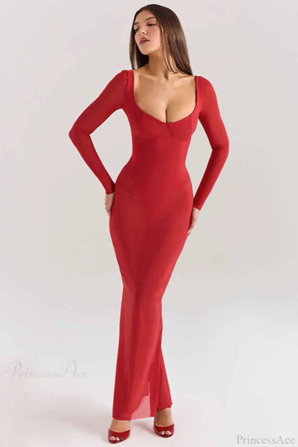 Mesh Long Sleeve Fitted Elegant Maxi Dress image 3