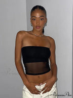 Mesh Patchwork Sexy Off Shoulder Slim Tank Crop Top image 3