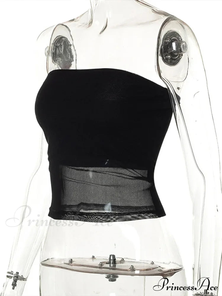 Mesh Patchwork Sexy Off Shoulder Slim Tank Crop Top image 5