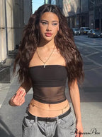 Mesh Patchwork Sexy Off Shoulder Slim Tank Crop Top image 4