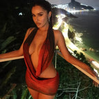 Mesh Print Halter Deep V Neck Vacation Dress image 1