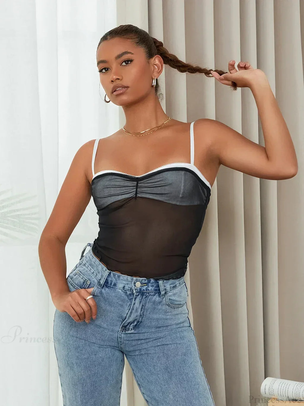 Mesh Ruched Color Patch Spaghetti Strap Crop Top image 7