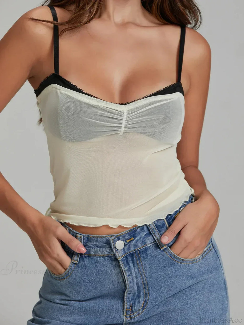 Mesh Ruched Color Patch Spaghetti Strap Crop Top image 1