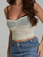 Mesh Ruched Color Patch Spaghetti Strap Crop Top image 4
