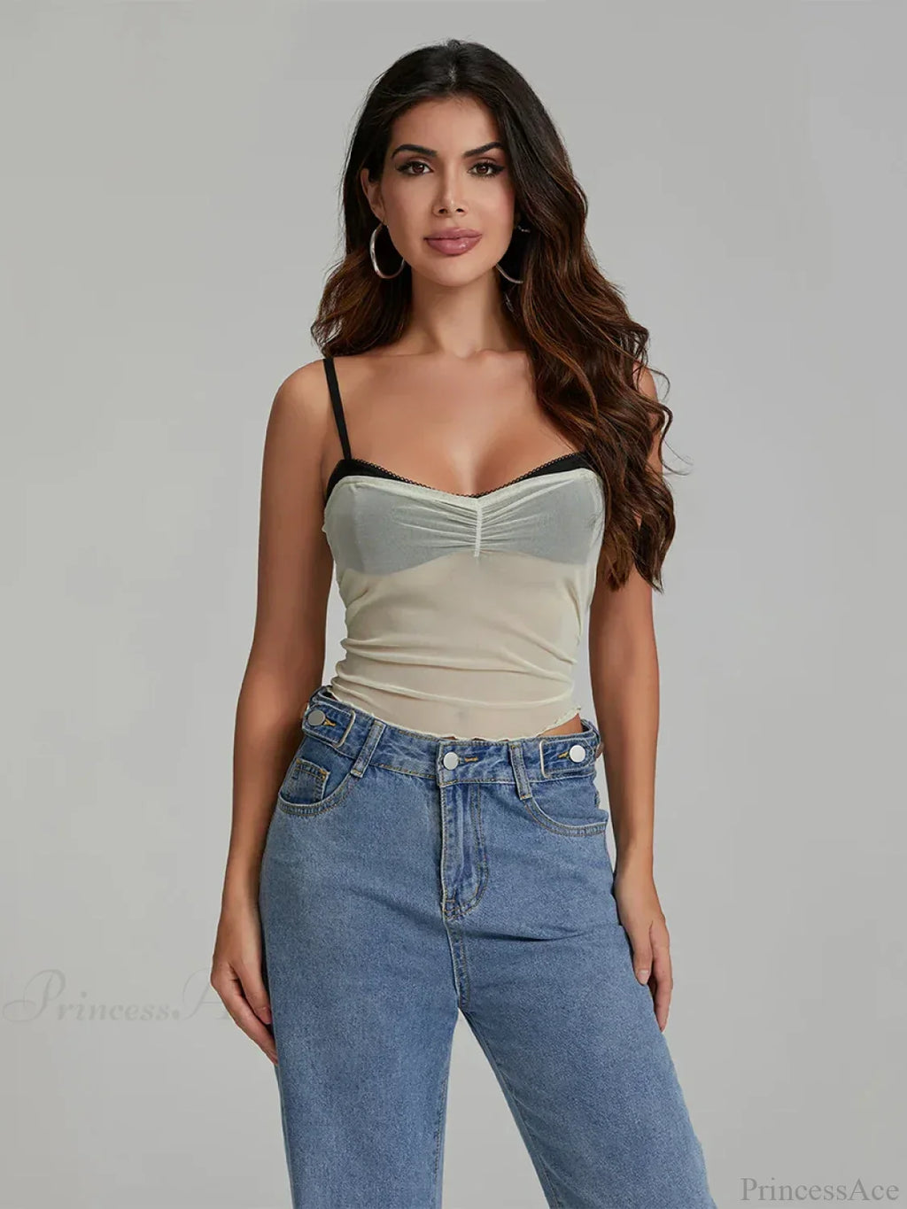 Mesh Ruched Color Patch Spaghetti Strap Crop Top image 8