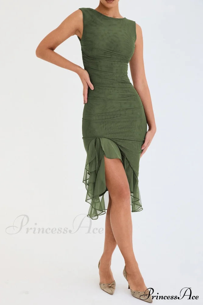 Mesh Ruffle Stylish Sleeveless Midi Dress image 10