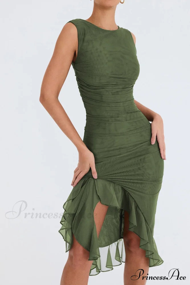 Mesh Ruffle Stylish Sleeveless Midi Dress image 8