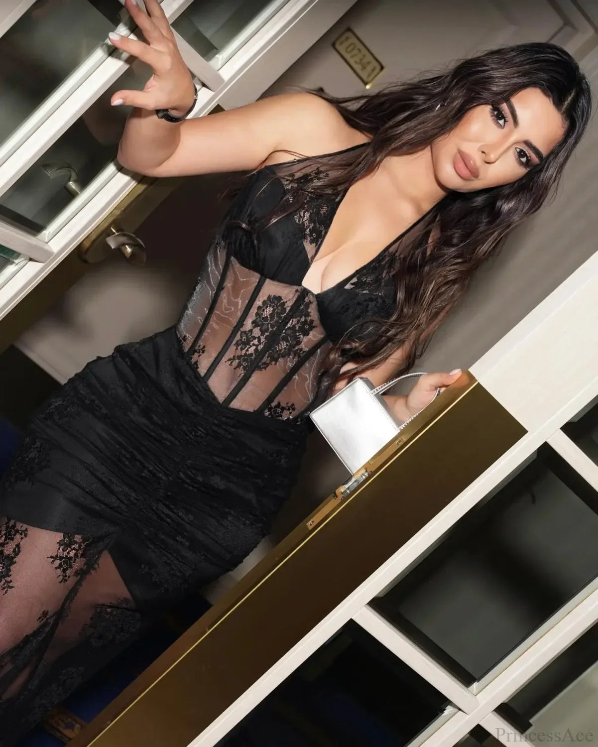 Mesh See-Through Lace Long Party Dress image 2