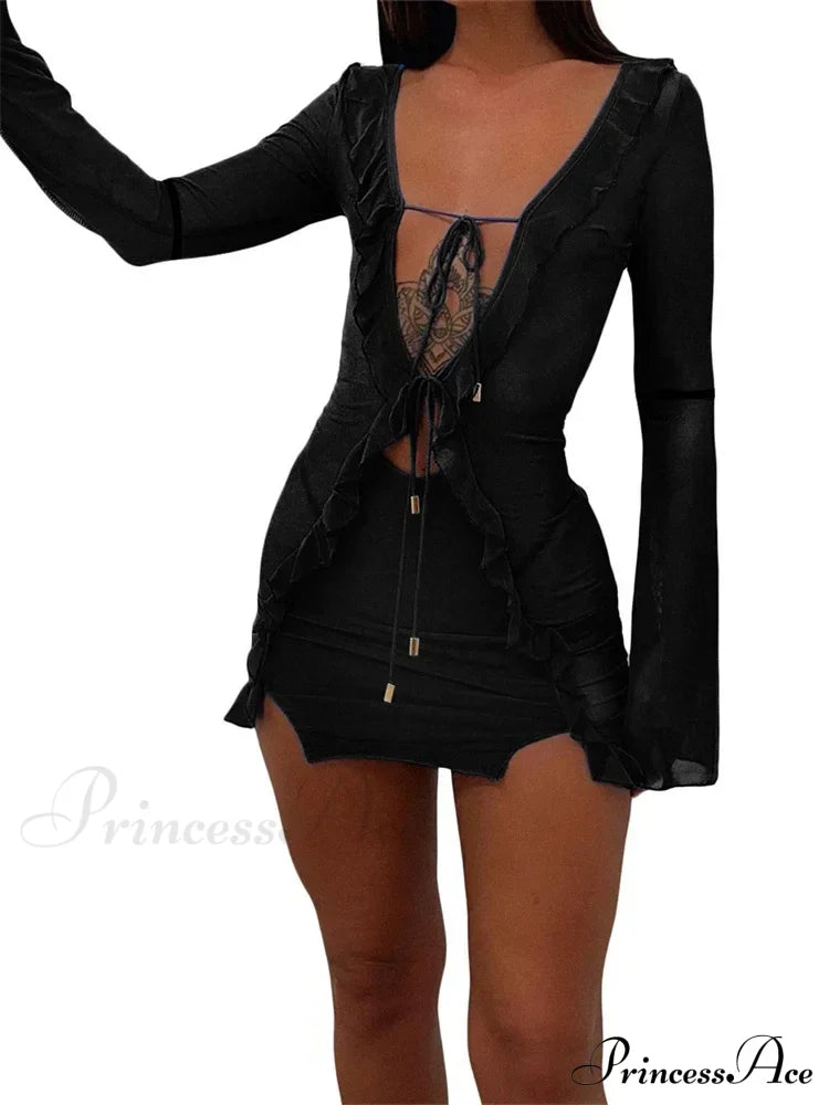 Mesh See Through Ruffles Summer Party Clubwear Mini Dress image 7