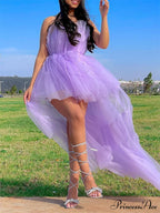 Mesh Sheer Elegant Women Formal Ball Gown  Strapless Off Shoulder High Waist Asymmetrical Hem Tulle image 1
