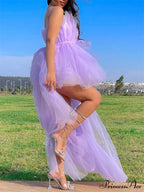 Mesh Sheer Elegant Women Formal Ball Gown  Strapless Off Shoulder High Waist Asymmetrical Hem Tulle image 2