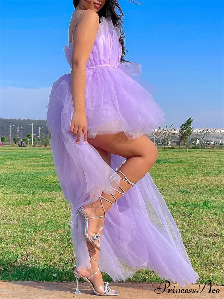 Mesh Sheer Elegant Women Formal Ball Gown  Strapless Off Shoulder High Waist Asymmetrical Hem Tulle image 2