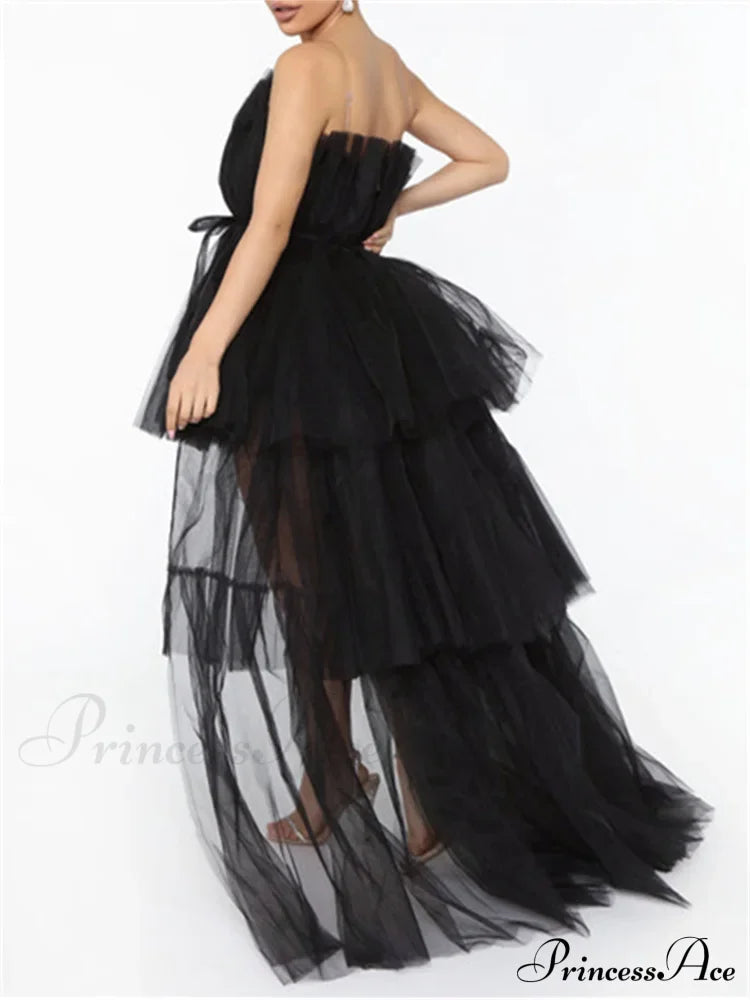 Mesh Sheer Elegant Women Formal Ball Gown  Strapless Off Shoulder High Waist Asymmetrical Hem Tulle image 4