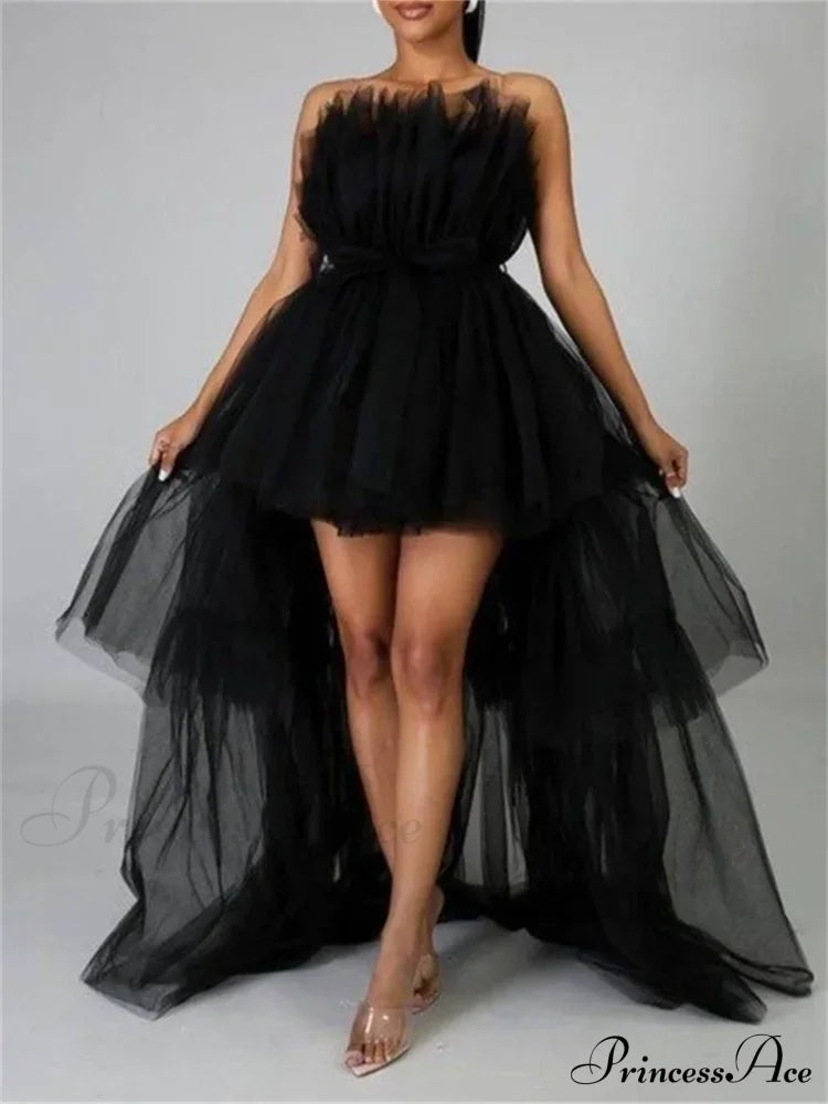 Mesh Sheer Elegant Women Formal Ball Gown  Strapless Off Shoulder High Waist Asymmetrical Hem Tulle image 3