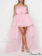 Mesh Sheer Elegant Women Formal Ball Gown  Strapless Off Shoulder High Waist Asymmetrical Hem Tulle image 5