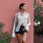 Mesh Sheer Flare Sleeve Crop Blouse image 3