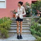 Mesh Sheer Flare Sleeve Crop Blouse image 6