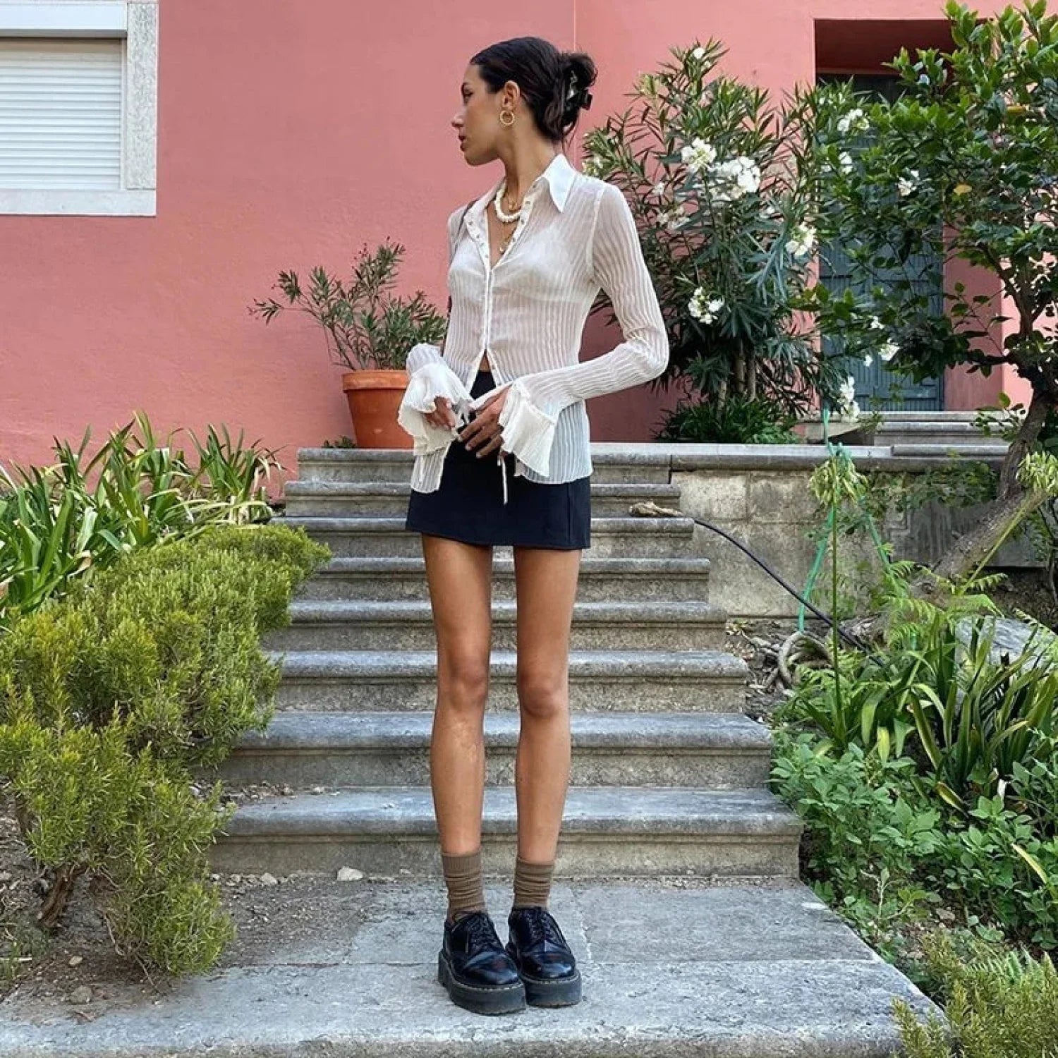 Mesh Sheer Flare Sleeve Crop Blouse image 6