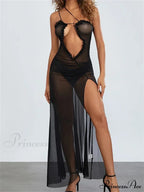 Mesh Sheer See Through for Women Sexy Sleeveless Strap Ruffle Deep V-neck High Split Beach Cover Ups image 5