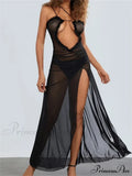 Mesh Sheer See Through for Women Sexy Sleeveless Strap Ruffle Deep V-neck High Split Beach Cover Ups image 1
