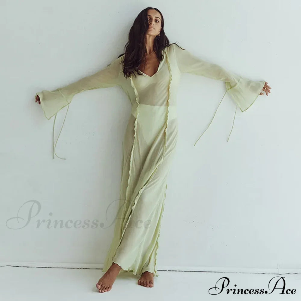 Mesh Transparent Flare Sleeve Cover-Ups Maxi Dress image 3