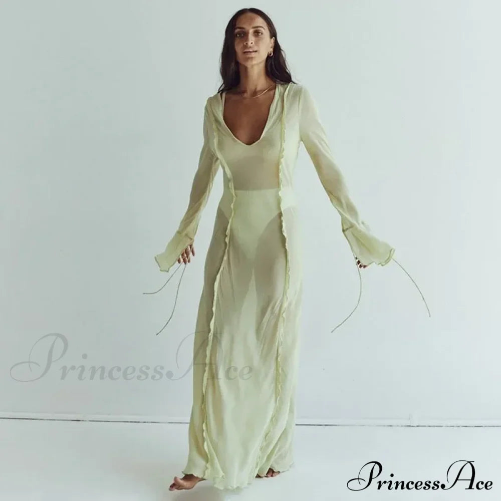 Mesh Transparent Flare Sleeve Cover-Ups Maxi Dress image 2