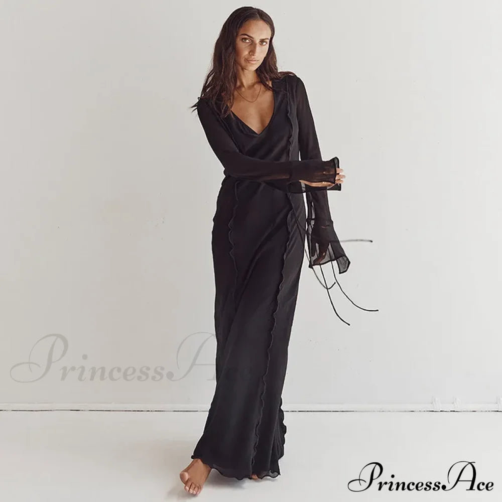Mesh Transparent Flare Sleeve Cover-Ups Maxi Dress image 6
