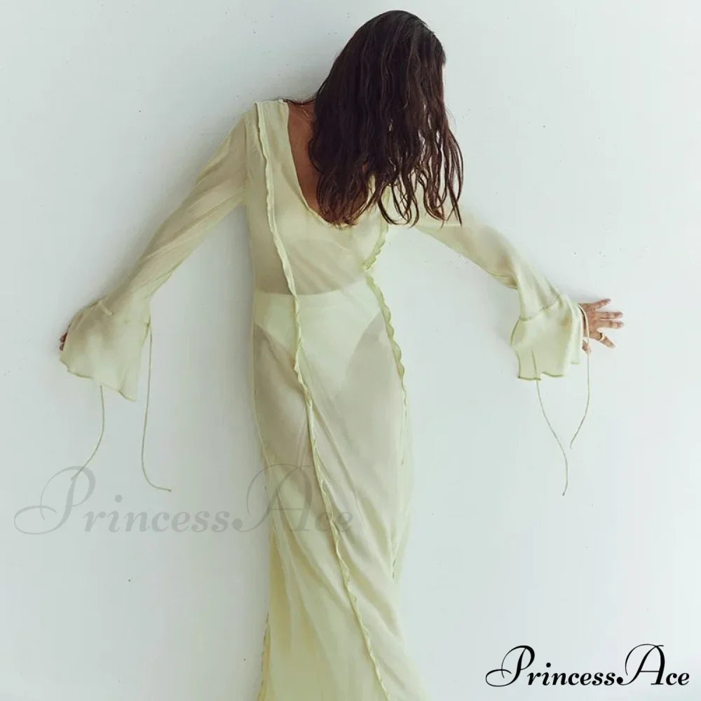Mesh Transparent Flare Sleeve Cover-Ups Maxi Dress image 5
