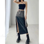 Mid-length Slit Denim Skirt image 2