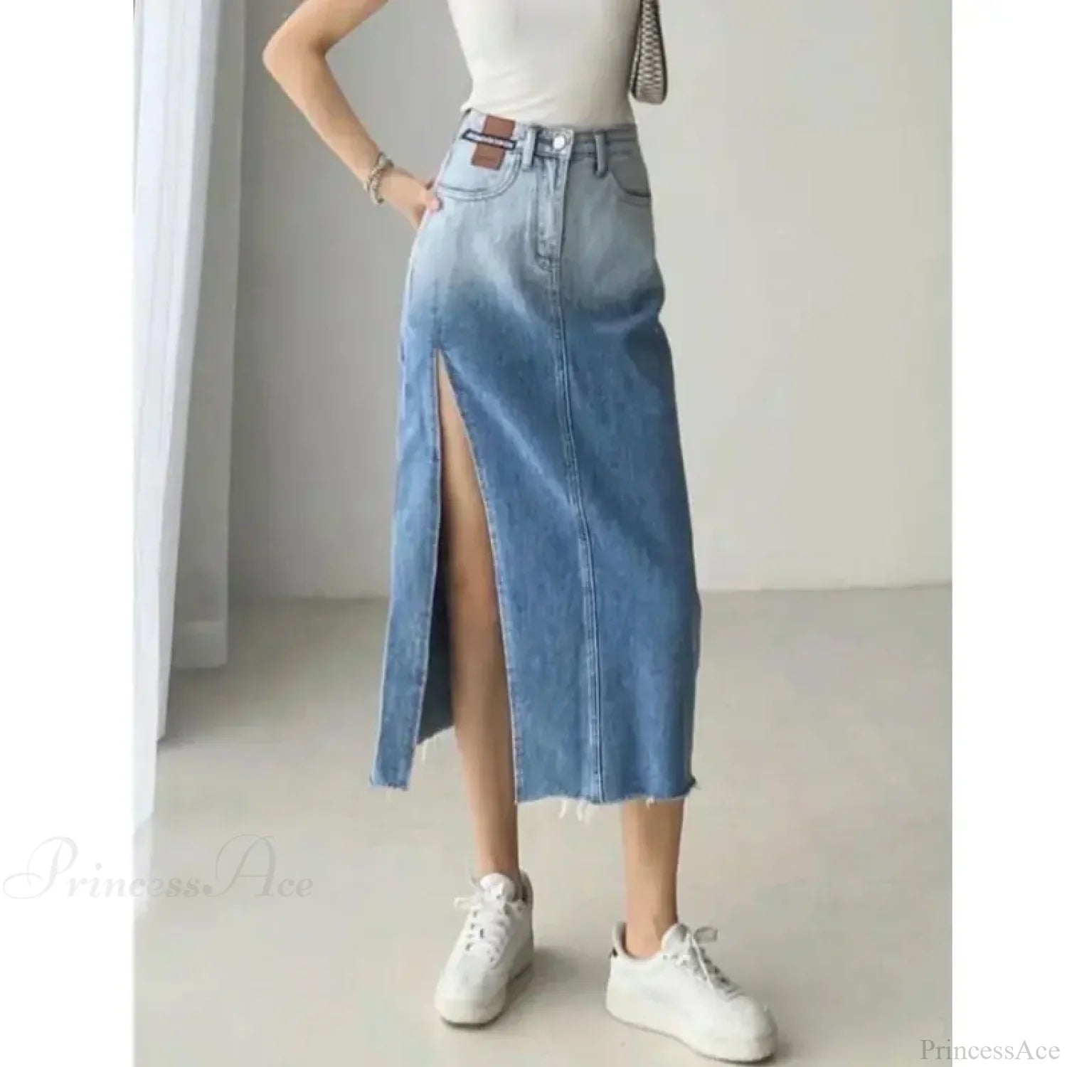 Mid-length Slit Denim Skirt image 3