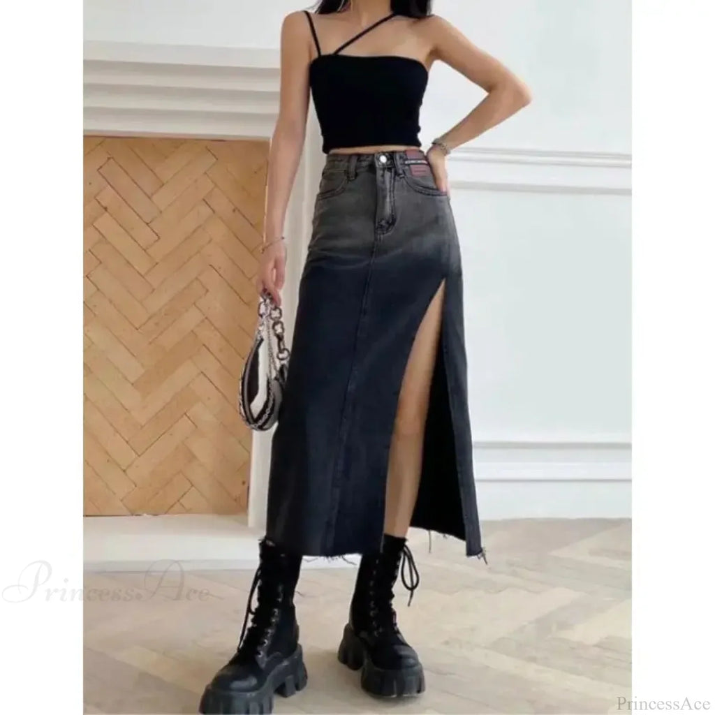 Mid-length Slit Denim Skirt image 4