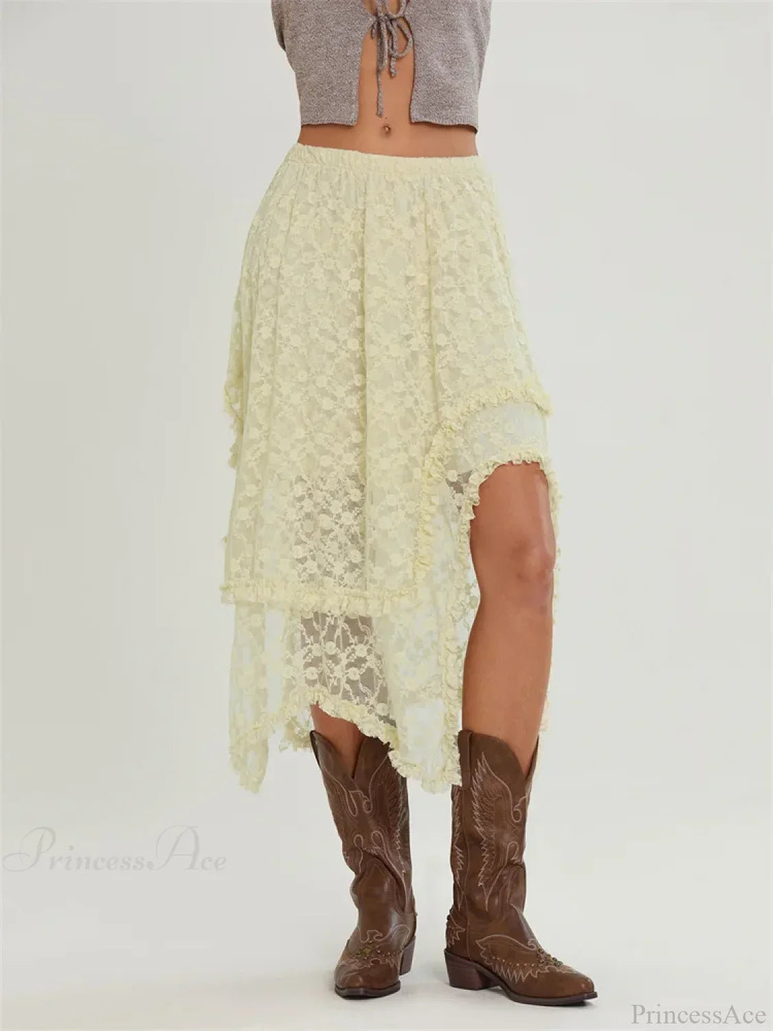 Midi Lace Floral Irregular Hem Elastic Waist Summer Skirt image 6