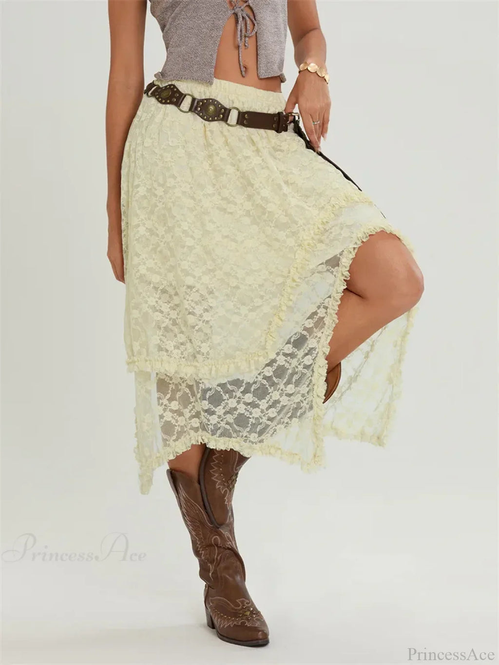 Midi Lace Floral Irregular Hem Elastic Waist Summer Skirt image 3