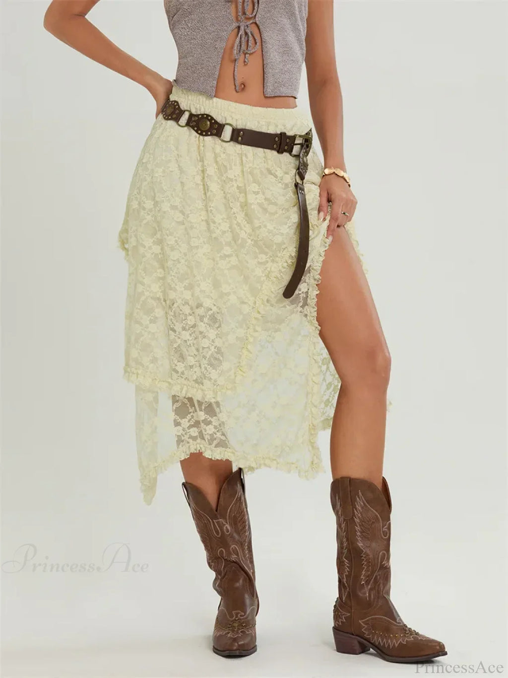 Midi Lace Floral Irregular Hem Elastic Waist Summer Skirt image 2