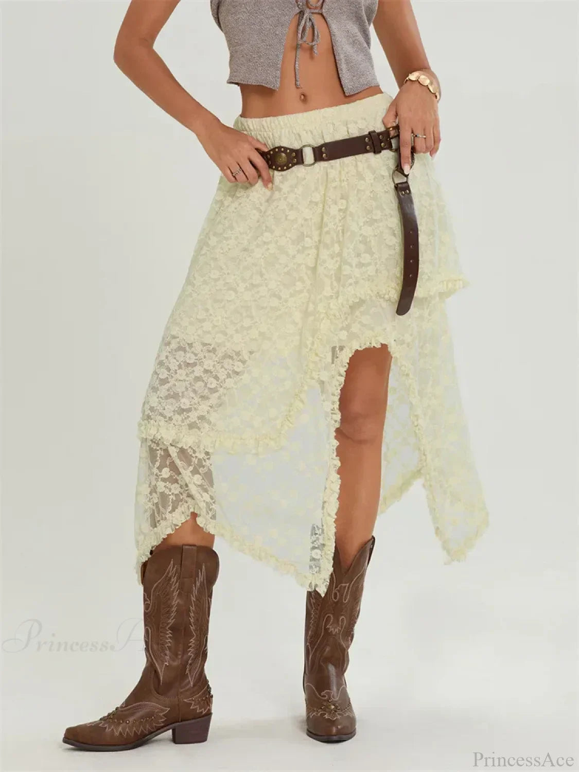 Midi Lace Floral Irregular Hem Elastic Waist Summer Skirt image 4