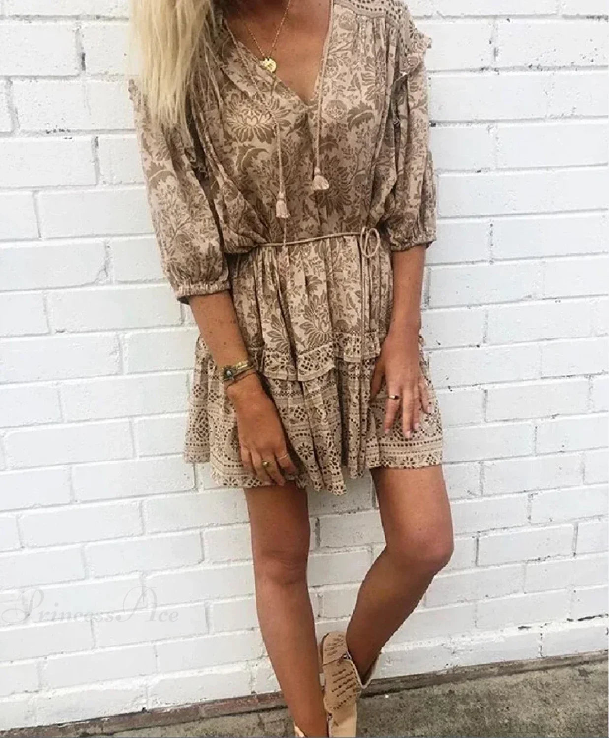 Mini Dress Boho Vintage Long Sleeve Floral Print Autumn Beach Dress image 4