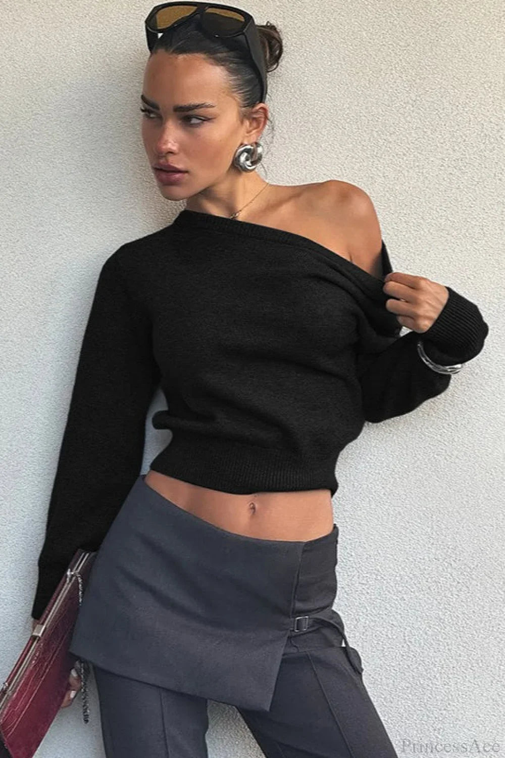 Minimalist Slim Asymmetrical Neck Long Sleeve Blouse image 8