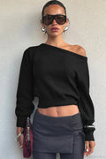 Minimalist Slim Asymmetrical Neck Long Sleeve Blouse image 9